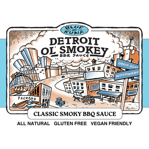 Blue Kuna Detroit Ol' Smokey BBQ Sauce label — illustrated Detroit cityscape with a classic smoky BBQ sauce recipe